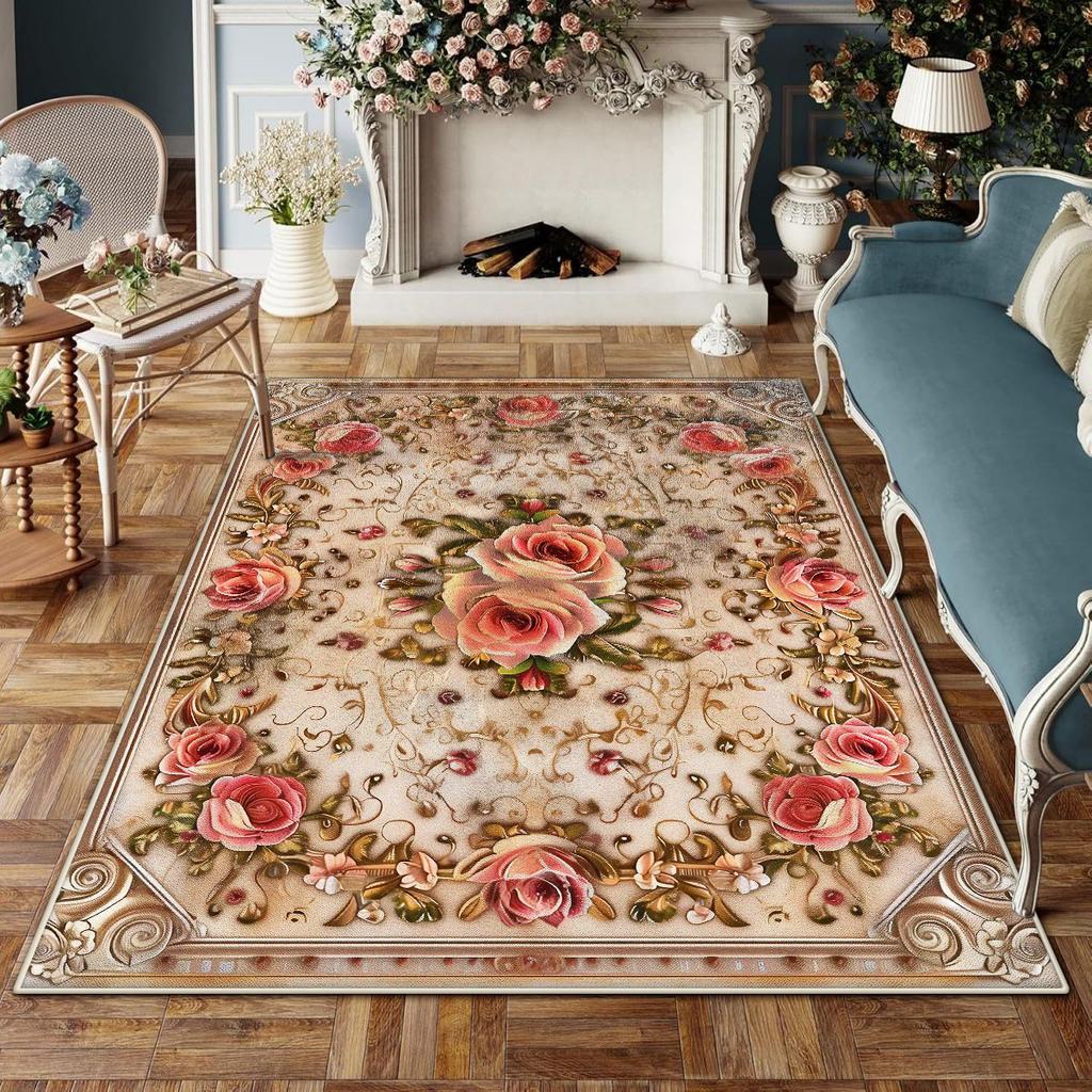 Europäischer Stil Rutschfest Großer Wohnzimmerteppich Blumendesign Raumdekoration Ästhetischer Schlafzimmerteppich Schminktischmatte Waschbar