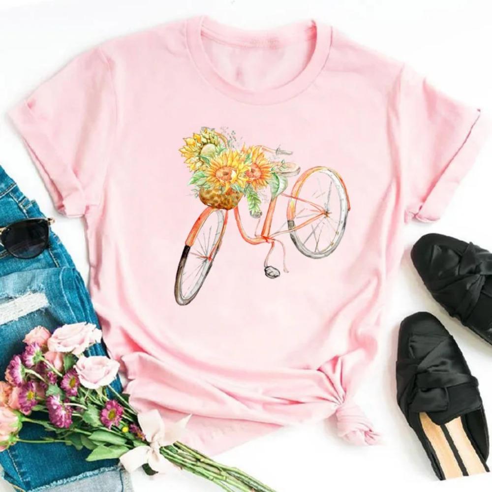 Neues Fahrrad Blume Liebe Retro Locker Einfach Süß Halbarm Kurzarm T-Shirt Damen Sommer Mode Polyester Stoff