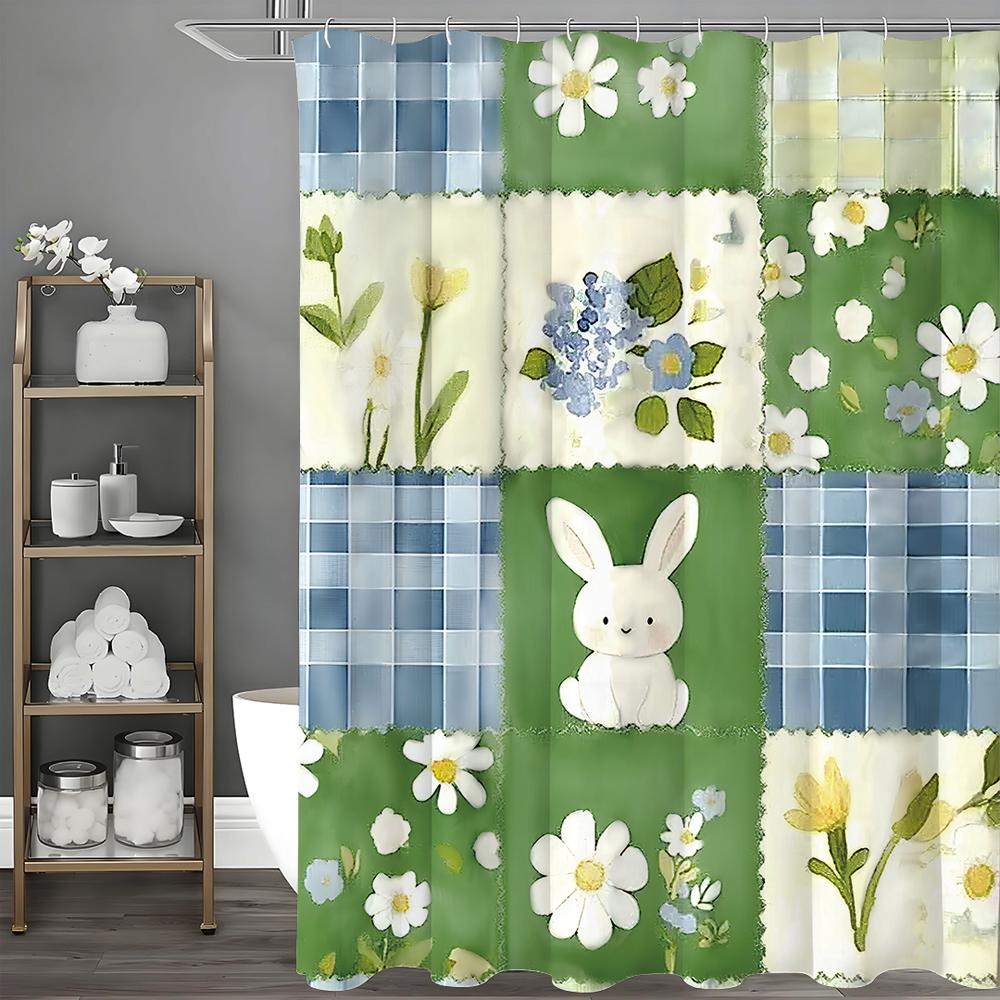 Easter Cute Bunny Shower Curtain, Cute Floral Grommet Bathroom Decorative Shower Curtain, Waterproof Shower Curtain with Hooks