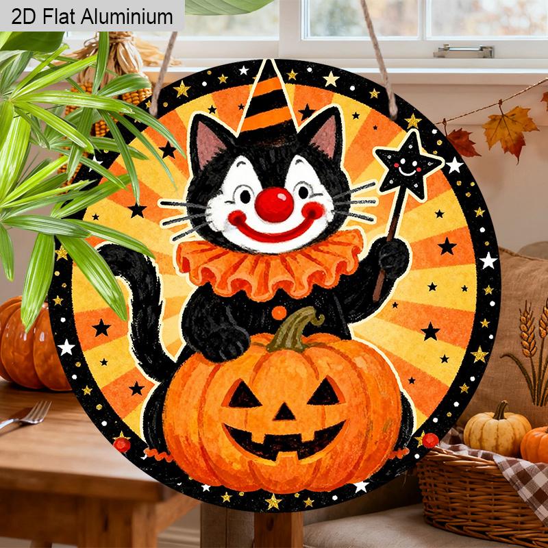 2D Flat Aluminium Halloween Sign with Black Cat & Pumpkin Pattern - Halloween Figurine Ornaments - Ideal for Front Door, Wall, Porch, Fence Decor
