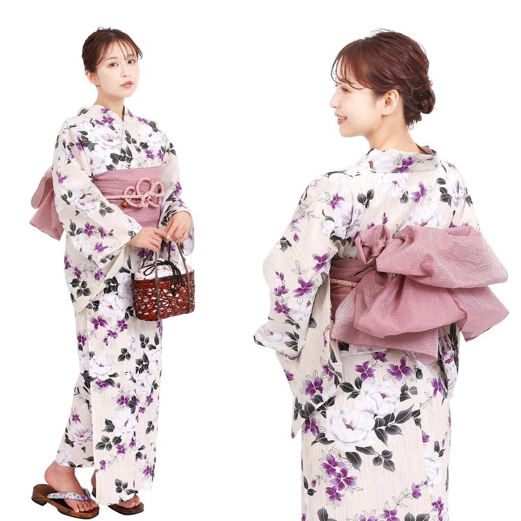 Fuuka Yukata Set with Separate One Size Fits Gardenia and Made in Wisteria X14H27B255 Women's Two-Piece Obi, All, White-Purple (Heko Obi, Japan,