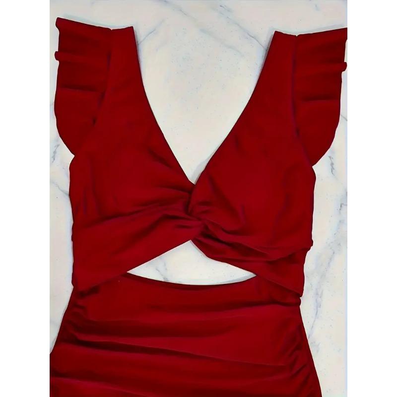 Solid Color Sexy Ruffle Sleeve Cutout One Piece Swimsuit Twist Front Bathing Suit