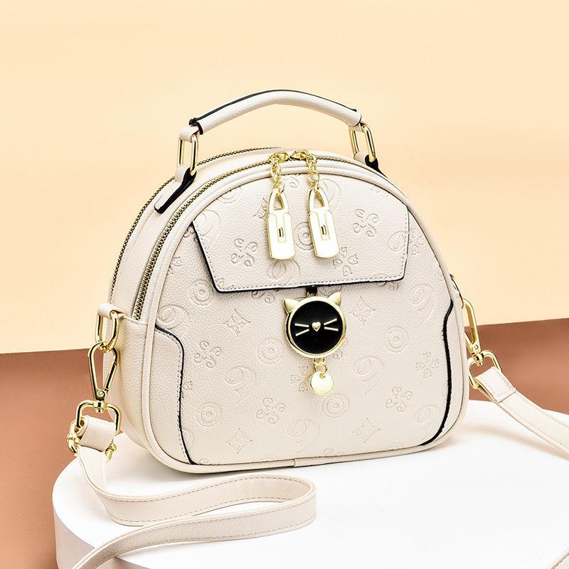 Korean Wide Strap Girl Crossbody Bag Fashion Contrast Women's Shoulder Bag Simple and Cute Girl Round Bag Metal Decoration PU