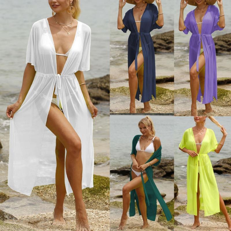 Women's Beach Sun Protection Strap Waist Slit See Through Mesh Bikini Cardigan Cover Up
