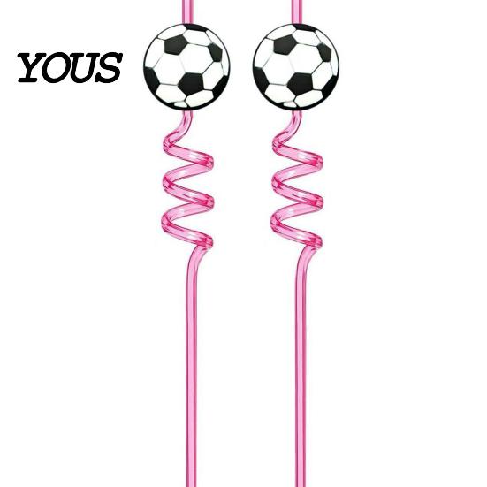 Reusable PET Straw 2Pcs Soccer Theme Spiral Straws, Curved Drinking Washable Straws with Football Charm, World Mug Party Beverage Decor Bendable