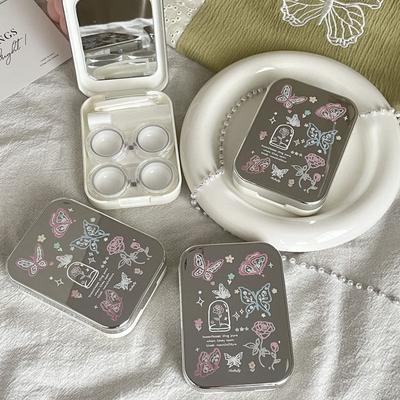 Estuche para lentes de contacto con diseño de mariposa y flor galvanizada, portátil, de colores, para guardar y cuidar lentes de contacto, juego de dos pares