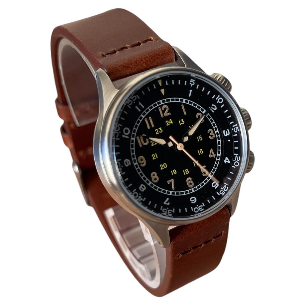 M.R.M.W. Men's Military Watch, Type A-15 Elapsed Time, Brown Leather Strap