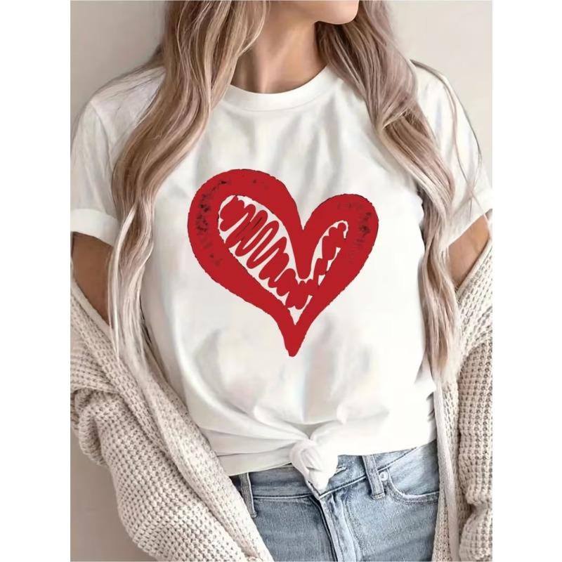 Women s T-Shirt, Valentine s Day Gift, Red Heart Pattern Print, Elegant Women s Fashion, Sporty Trendy Print Design S