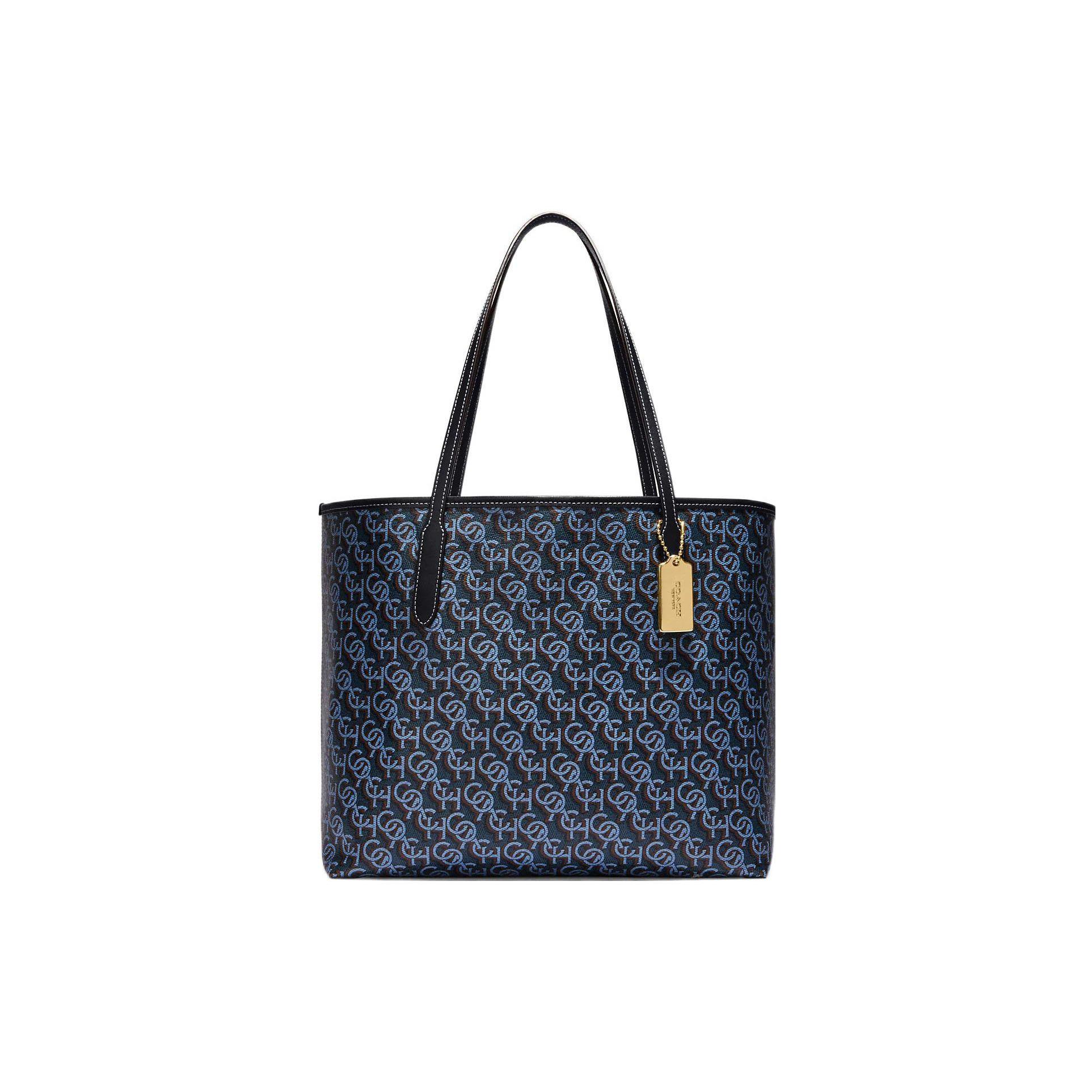 Coach Women's Blue City 33 Classic Monogram Snap Closure Canvas And Leather Tote Bag Tote Bags Navy- Cf342-Imnav