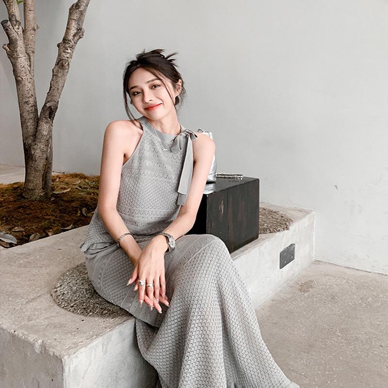 Summer French Fashion: Knitted Midi Skirt & Tie-Up Tank Top Ice Silk Two-Piece Dress