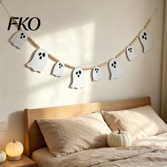 Halloween Banner Decoration 2 Pcs 7.5FT Garland, Felt Pumpkin Ghost Bat Skull Garland with Fireplace Wood Beads, Party Hanging for Doorway Indoor
