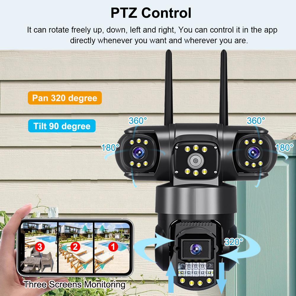 Wireless WiFi/4G Network Camera, HD Night Vision Waterproof CCTV Surveillance, Triple Lens and Triple Screen Security Video Recorder