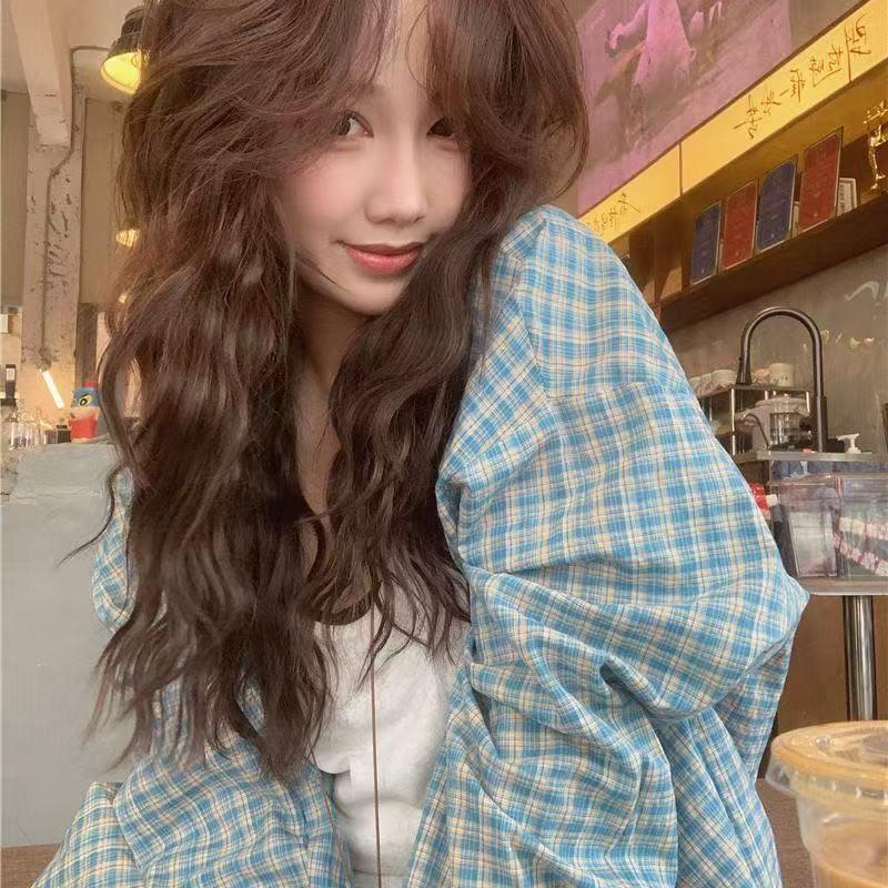 Women s Korean-Style Blue Plaid Shirt Jacket - Loose Fit, Chic Early Autumn Design, Versatile and Stylish. M