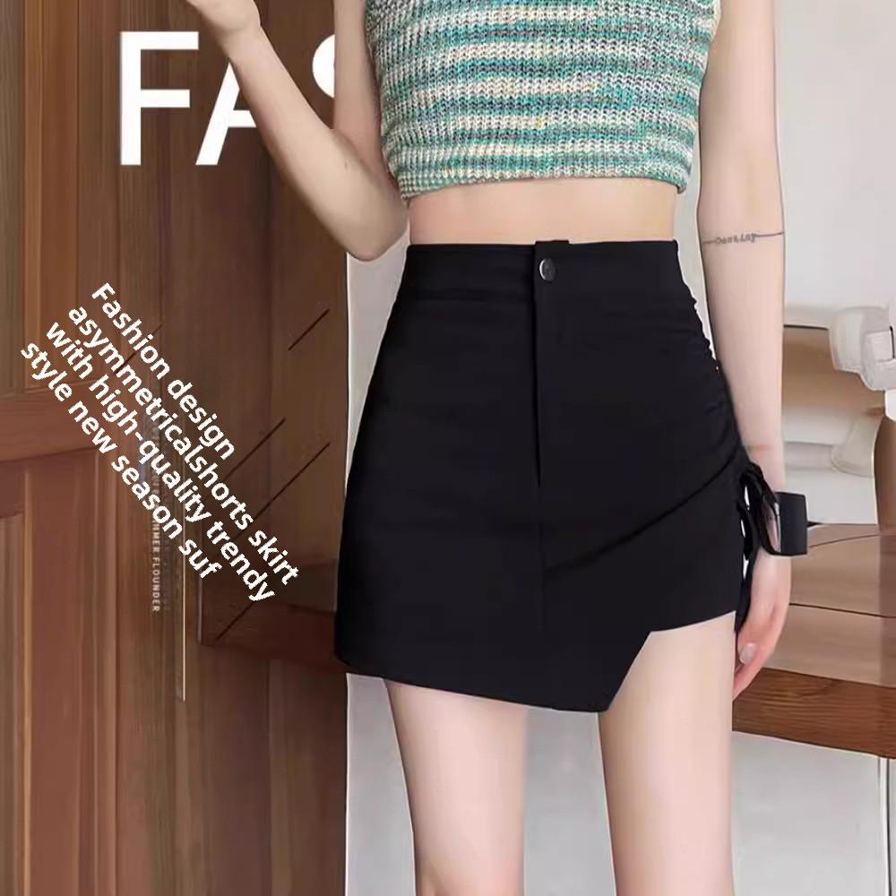 2024 Damen Schwarzer High Waist A-Linien Plissierter Kurzer Rock mit Kordelzug