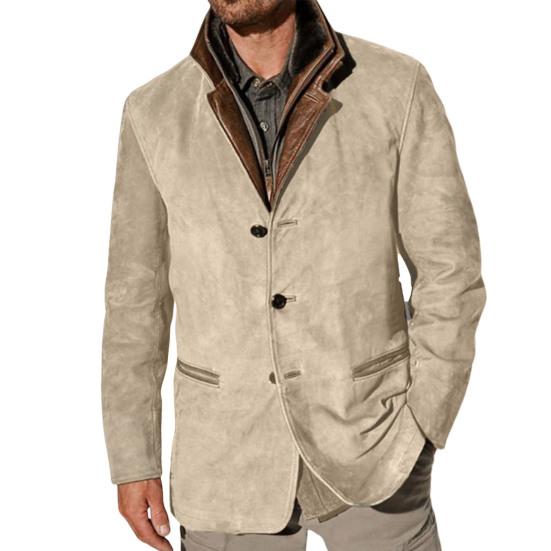 

Зимняя мужская куртка осень ретро пэчворк поддельные две части поддельные карманы однобортный кардиган длинный рукав толстый плюш однотонный лацкан большой размер для мужчин 2XL хаки