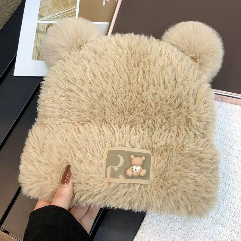 Cute bear wool hat women's winter plush warm fluffy autumn and winter big head circumference knitted hat