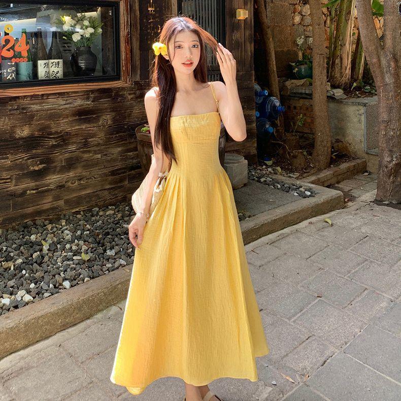 Summer New French Small Yellow Suspender Dress Women's Clothing Waist Temperament Long Dress Seaside Vacation Skirt