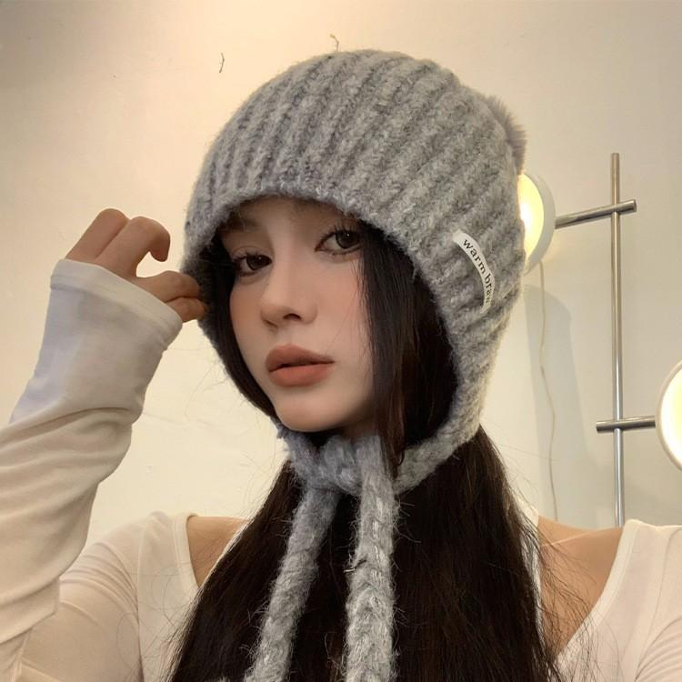 Gray Fur Ball Tassel Beanie Women's New Autumn and Winter Warm and Cold Proof Ear Protection Hat Large Head Circumference Hat Trendy
