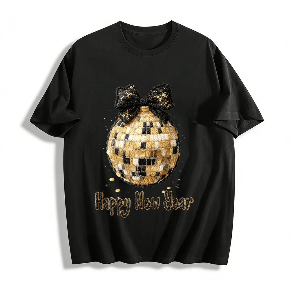

New Year Knitted Disco Ball Bow Print Casual Top Pure cotton T-shirt XXS