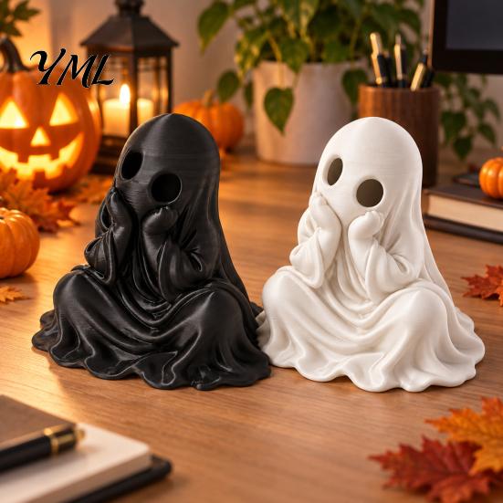 Compact Ghost Statue for Home 3D Printed Halloween Figurine, Cute Chin-Resting Spooky Desk Decor, White Black Figures Funny Ornament Party And