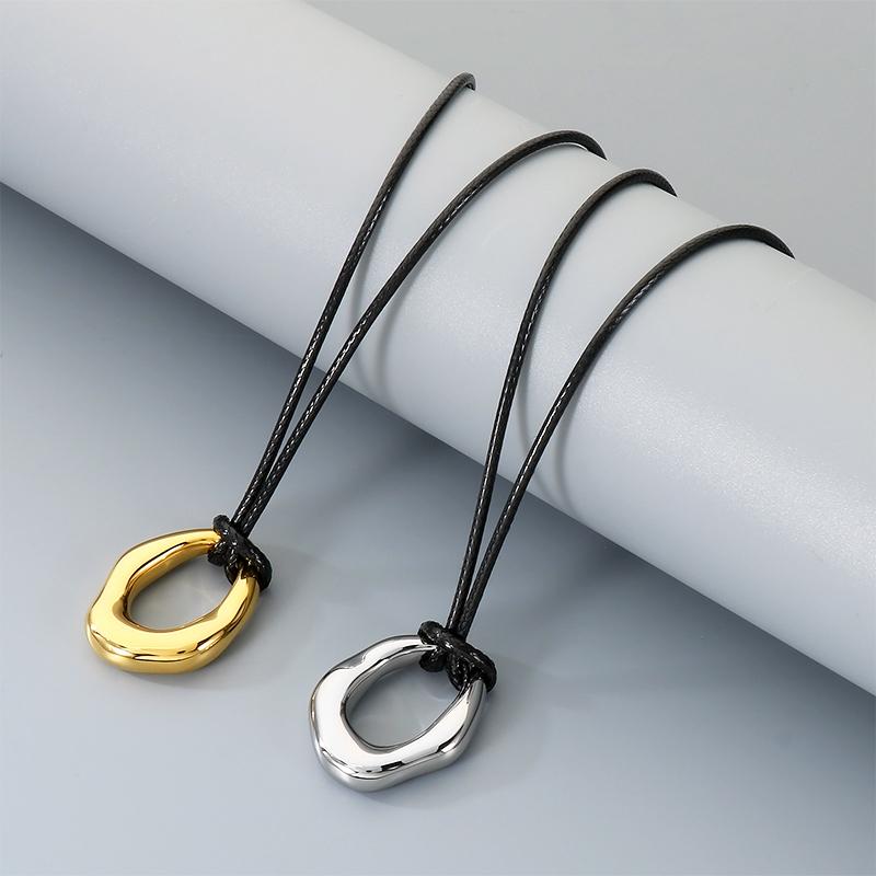 Stainless Steel Irregular Circle Pendant Necklace for Men Women Black Leather Cord Hip Hop Minimalist Jewelry Gift Daily Wear