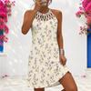 Women Plus Size Criss Cross Cutout Halter Neck Sleeveless Floral Printed Fitted Curved Hem Dress