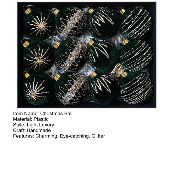 12 Pcs Velvet Glitter Christmas Ball Ornaments 3.15" Shatterproof Flocked Sequin Balls Christmas Tree Ornaments for Indoor Outdoor Holiday Party Decor