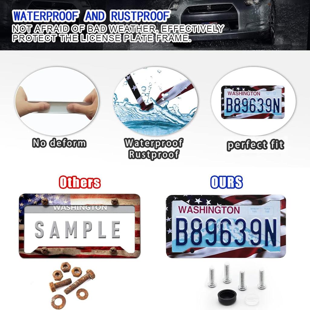 American Flag License Plate Frame Holder - 2 Pack Universal Aluminum Matte Stripe US Flag Gloss Patriotic Car Plate Frame Covers With Free Screws