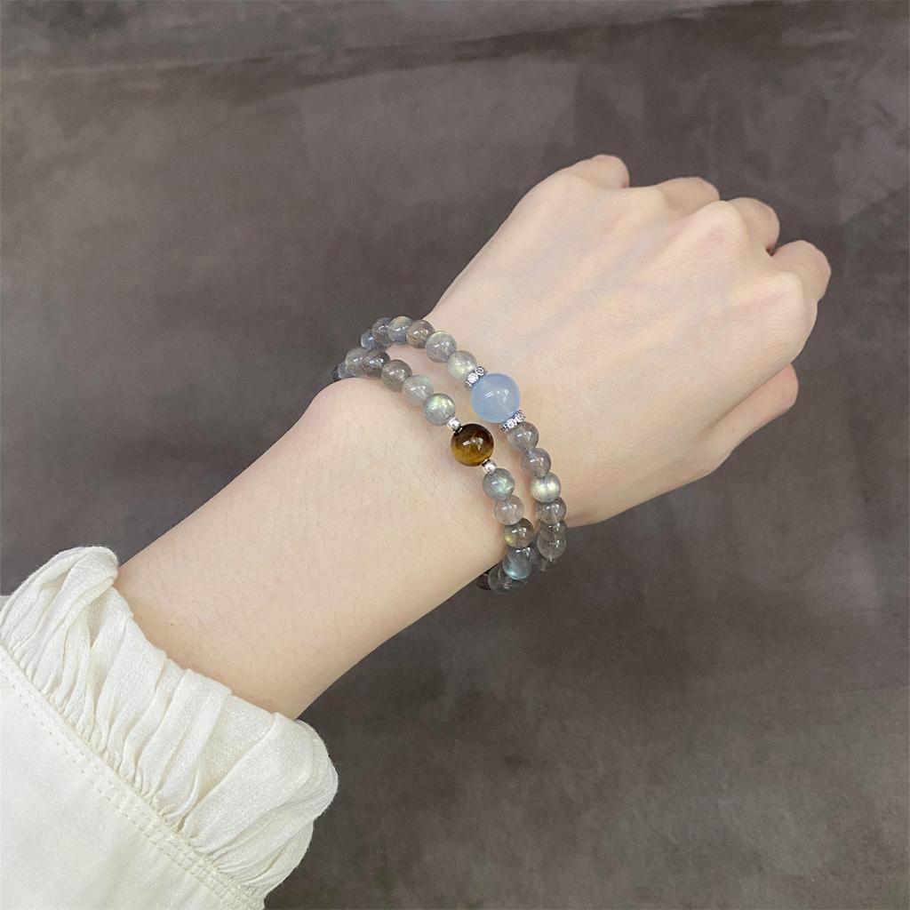 Letters from the Universe Aquamarine Moonstone Tiger Eye Stone Double-Layer Beaded Bracelet for Women, Niche Design for Summer