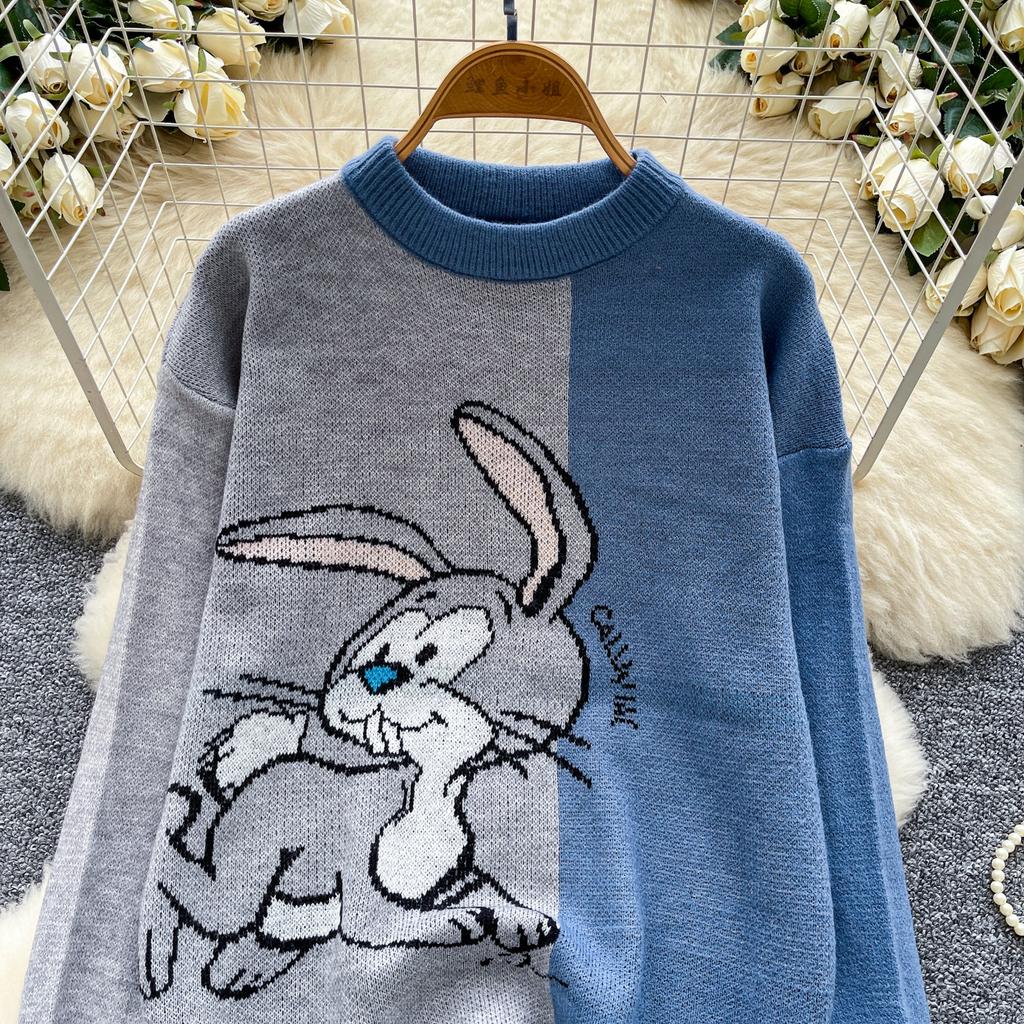 Autumn Winter Women College Style Cartoon Rabbit Knitted Sweater Pullover Tops For Girl