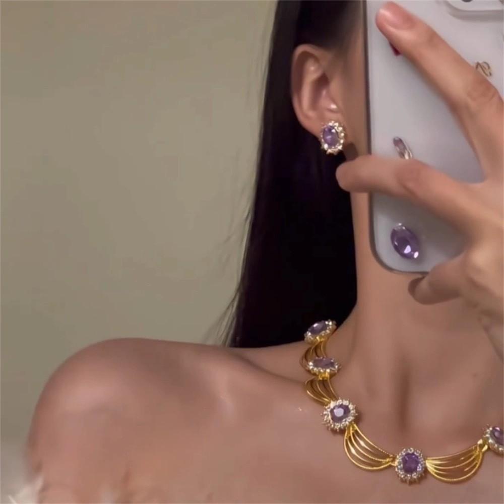 Vintage court style red diamond necklace earrings set light luxury high sense super flash neck chain vtage collarbone chain women