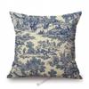 Navy Blue Delft Blue Toile De Jouy Pattern Design Royal Elegant Home Decorative Sofa Throw Pillowcase Cotton Linen Cushion Cover