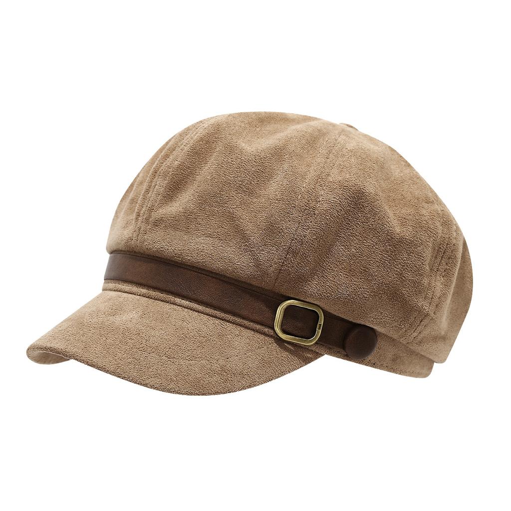 Retro simple suede metal buckle octagonal hat female autumn and winter temperament beret showing face small painter newsboy hat