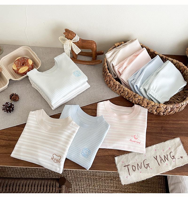 Children's Striped Velvet Warm Homewear Set: Boys' & Girls' Autumn Long Johns & Underwear, Lycra Two-Piece.