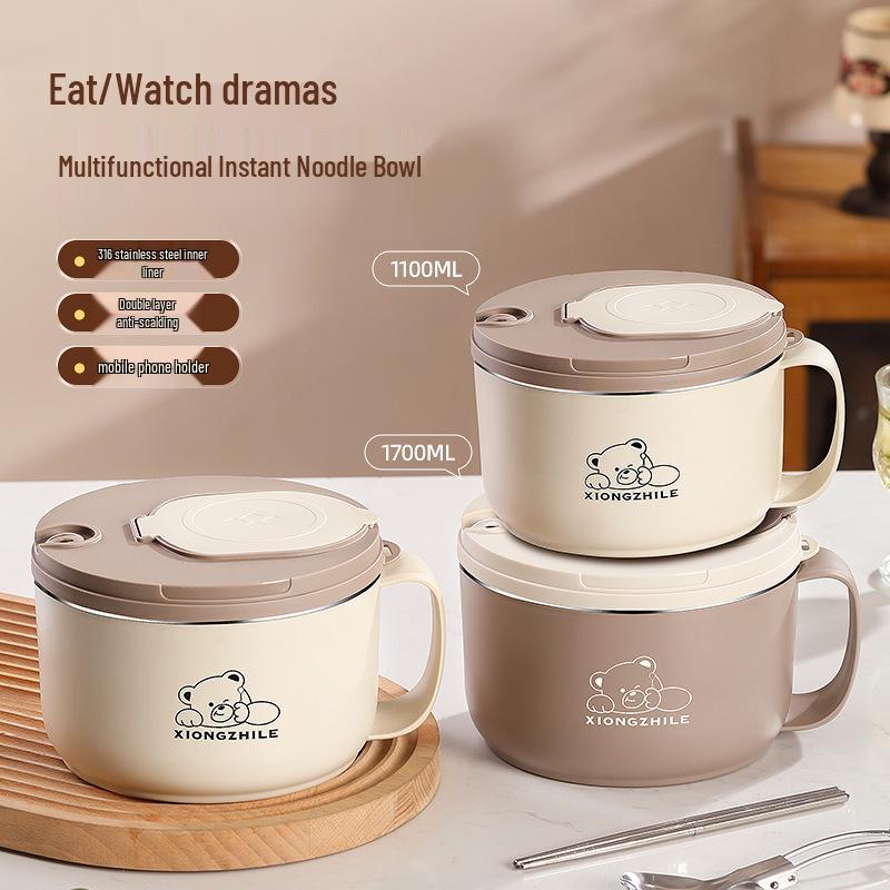 Stainless Steel Instant Noodle Bowl with Lid, Water-Draining Feature, Large Capacity, Perfect for Students and Dorms