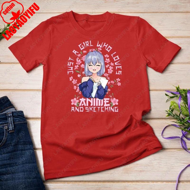 

Kitschy Sakura Cherry Blossoms Anime and Sketching Girl TShirt Japan Style Otaku Cotton Tops Harajuku Loungewear Unisex Women Tees 4XL