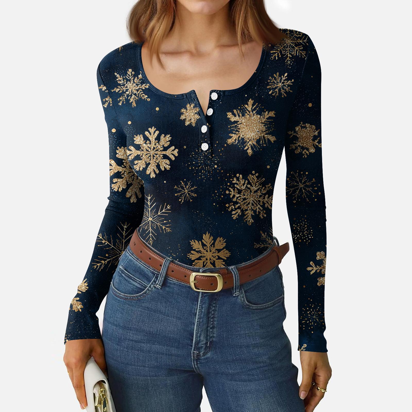 

Women s Casual Fashion Christmas Print Button Long Sleeve Top M