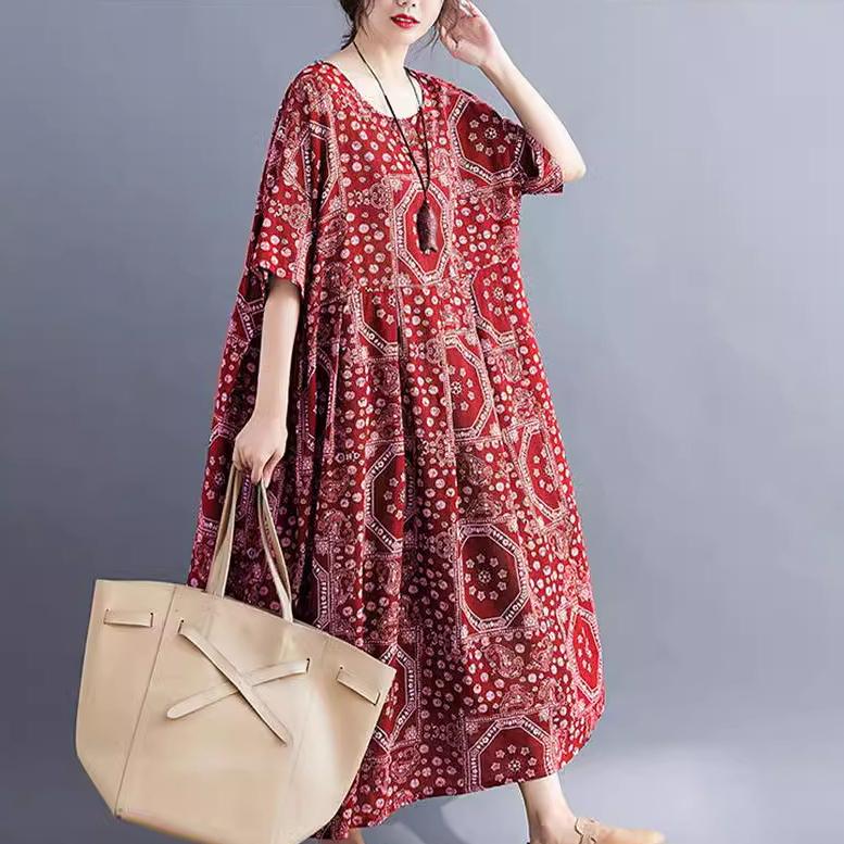 

Летнее женское платье Литературные большие размеры Свободные хлопковые льняные женские длинные платья с короткими рукавами и принтом One Size тёмно-синий