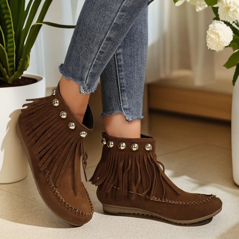 Autumn and Winter Versatile Rivet Flat Bottom Short Tube Tassel Women's Boots Suede Flat Bottom Women's Boots Plus Size 35-42