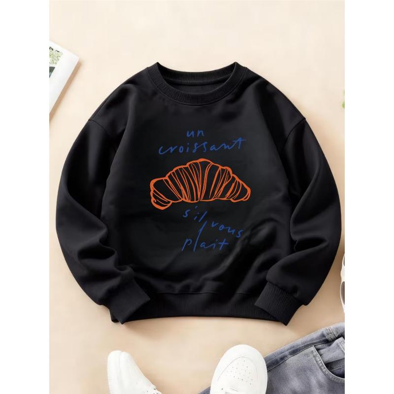 Kids Crewneck Sweatshirt, Cute Croissant Food Graphic Print Long Sleeve Top for Autumn Winter 110 чёрный