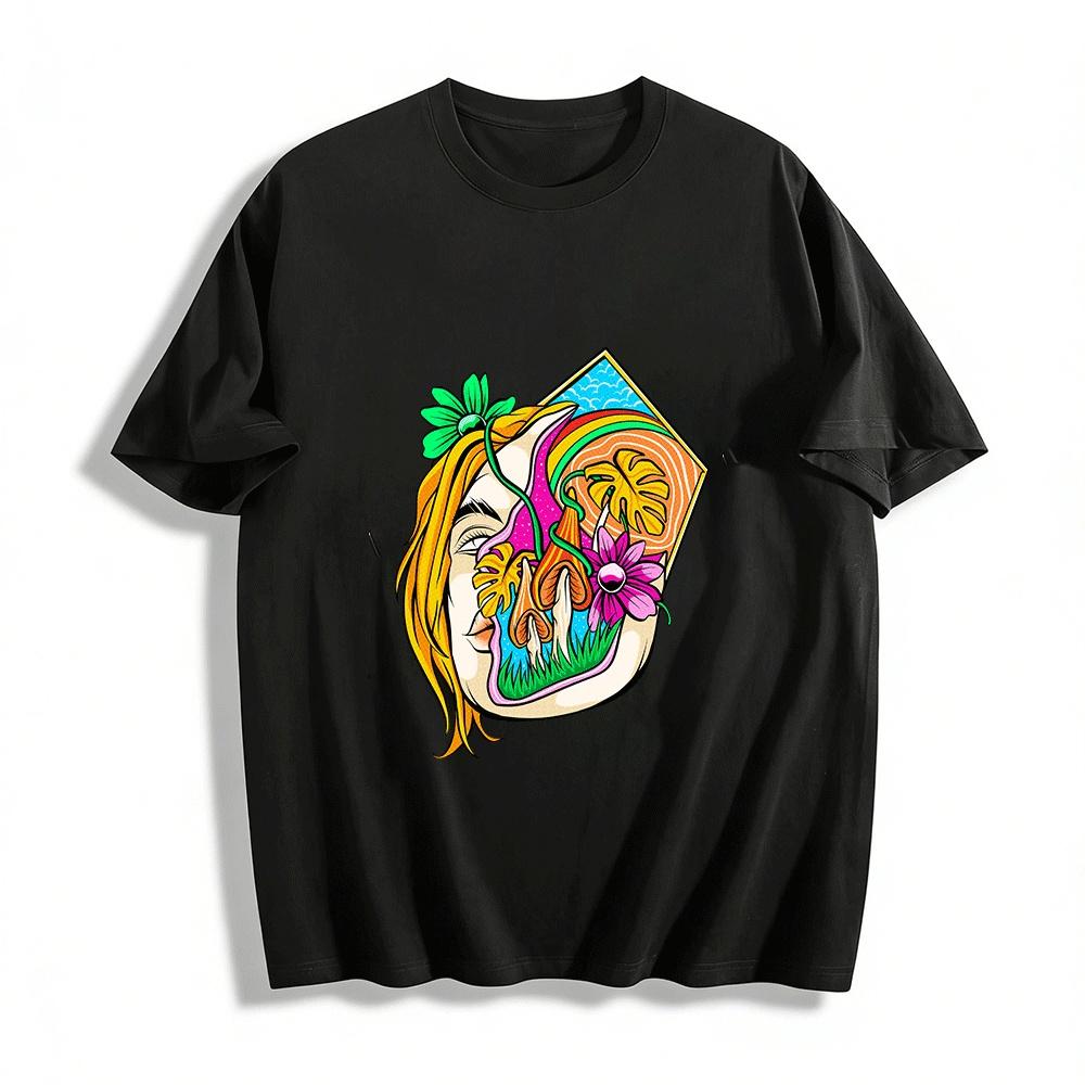 Psychedelic Nature Face Plant Mushroom Print Casual Top Pure cotton T-shirt XXS