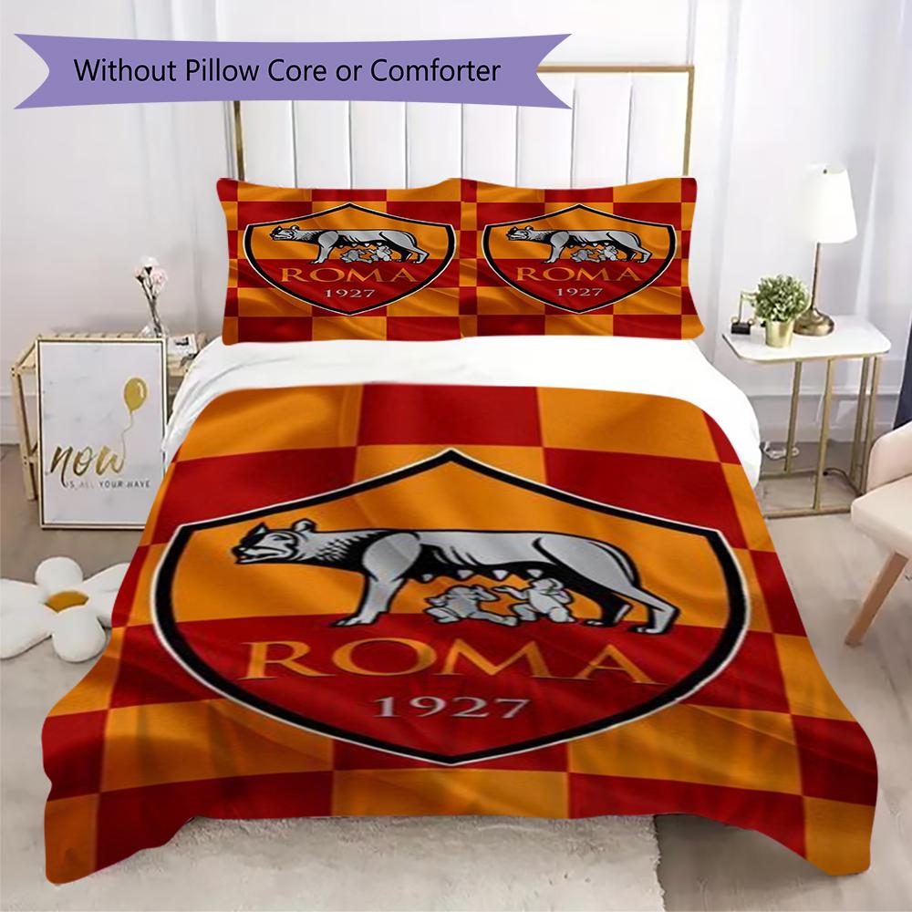 Set lenjerie de pat cu model A.S. Roma Cearșaf pilotă Huse pernă Decorațiune casă Cadou de ziua de naștere (1 * husă de pilotă + 2 * fețe de pernă fără miez)01