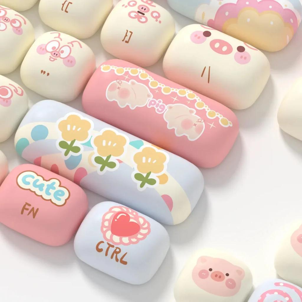 Cute Round Pig Party Keycap 2024 New MOG Height PBT Material Mushroom Shaped 139keys Alice Layout Keycap 6.25/7U Space Key