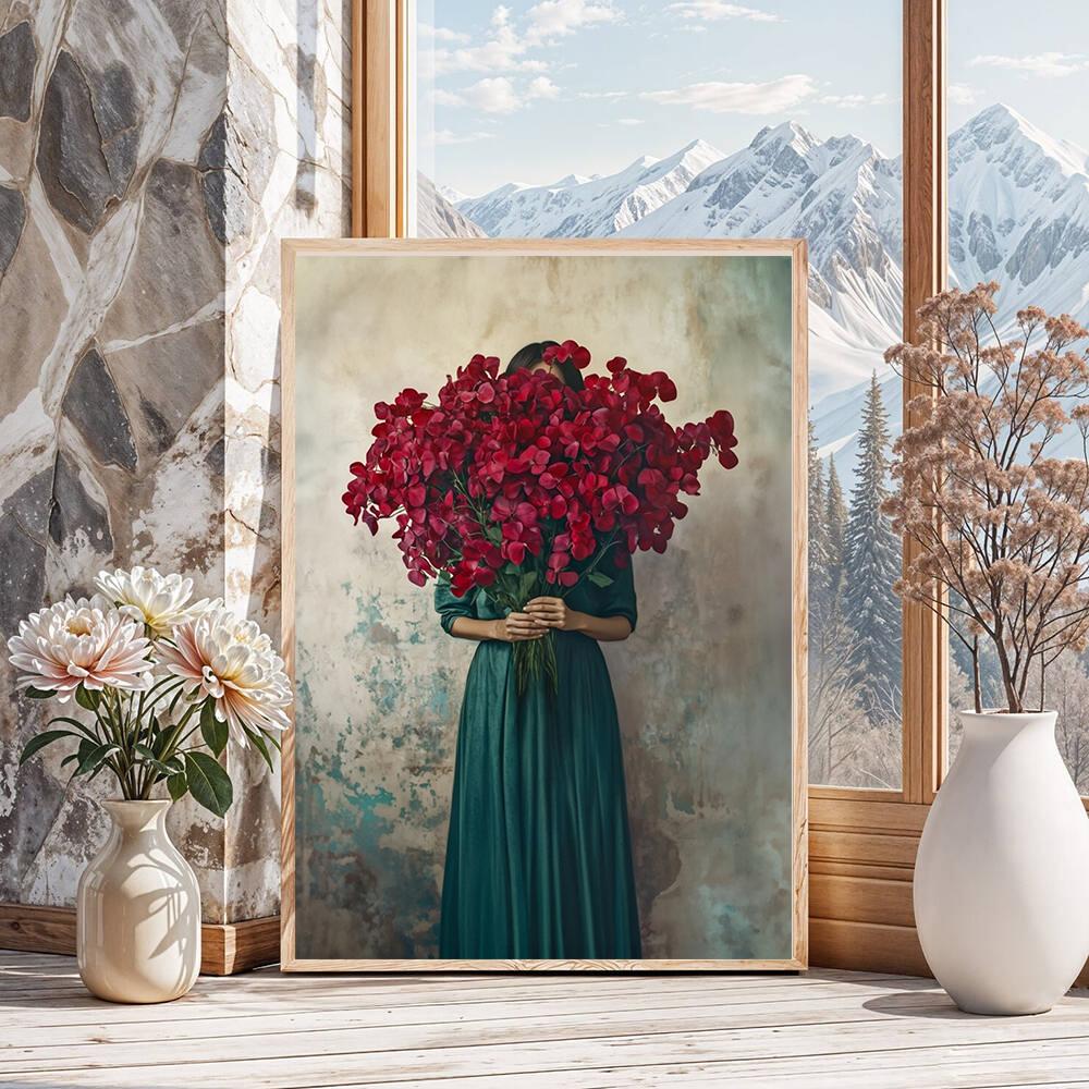 Modern Girl Wear Flowers Canvas Print Scandinavia Full of Force De Vie Wall Art Poster for  Living Room Bedroom Room Home Decor
