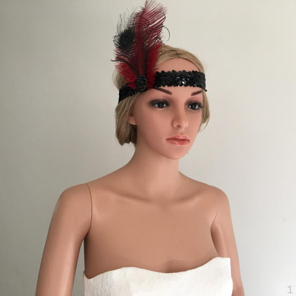 

Wine Feather Headband Sequins Band Crystal 1920s Great Stretchy Headdress Wedding Headpiece