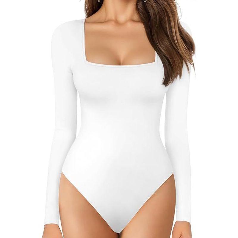 

Однотонный комбинезон с квадратным вырезом Женский однотонный комбинезон с квадратным вырезом Облегающий комбинезон с длинным рукавом White XS