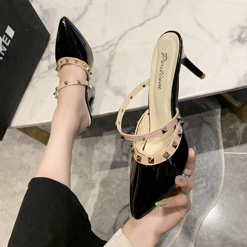 2025 summer new willow spike pointed cool slippers women wear half slippers pointed rivet sandals women's stiletto