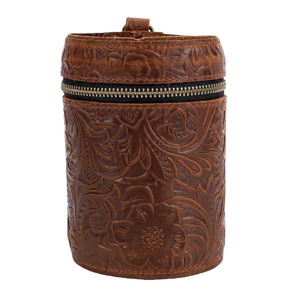 Bank Bucket Retro Carved Pattern Cylinder Portable Leather Zippered Bank