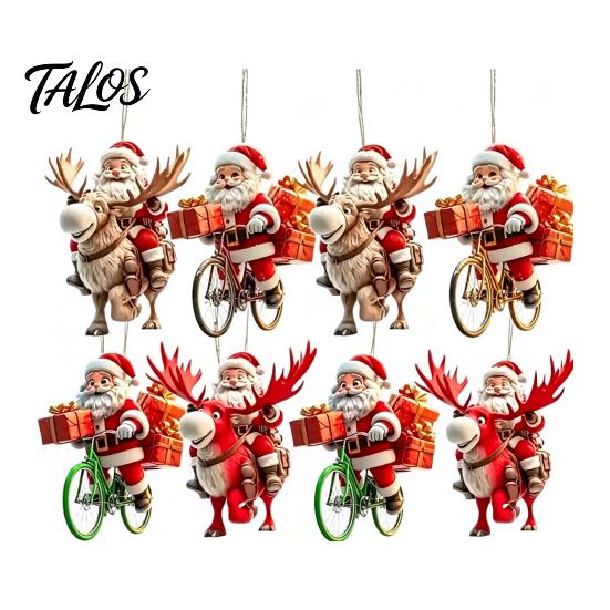 Wooden Santa Claus Decorations 8/16/24/32Pcs 2D Flat Christmas Ornaments, Riding Bicycle Hanging Rustic Tree Supplies Decor, Pendant for Home Holiday