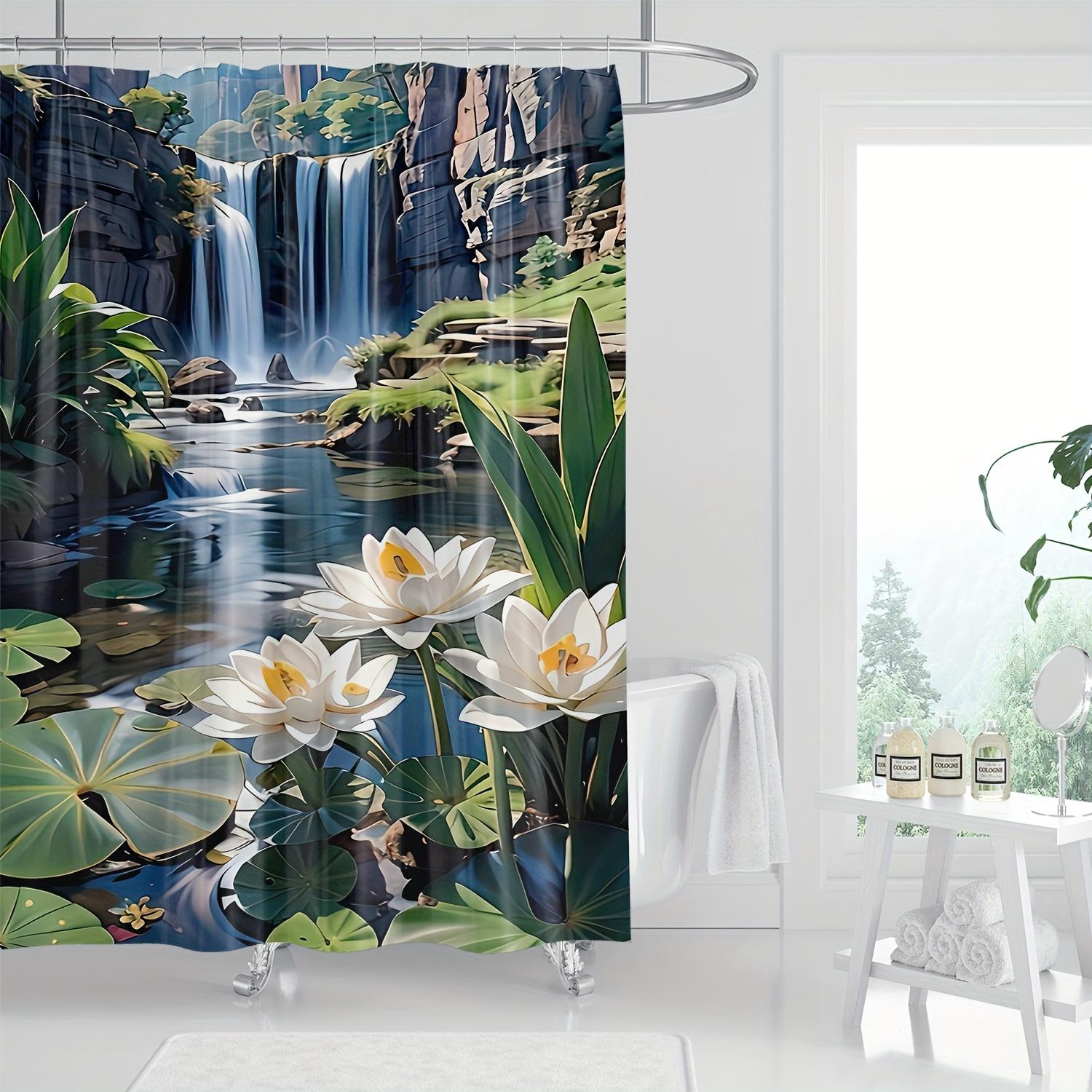 

Waterfall & Lotus Shower Curtain, Waterproof, Easy-Hang With Hooks, Bathroom Partition, Decorative Home Accessory W60H190(CM)-1 Pcs